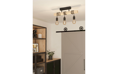 Deckenleuchte EGLO ''Townshend'', 3-flammig, Holz/schwarz, E27, 55x10,5x26,5cm