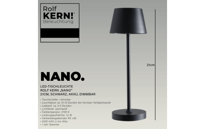 LED-Tischleuchte ROLF KERN „Club Nano“ 21cm, schwarz, Akku, dimmbar