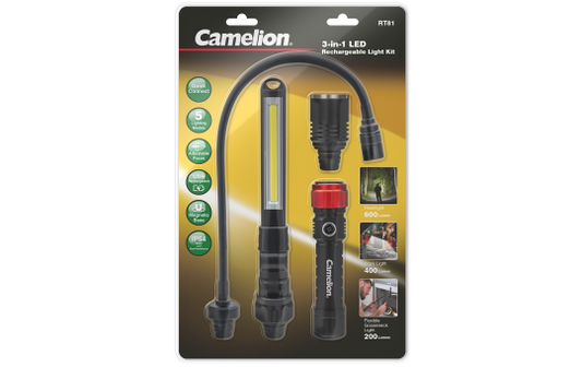3-in-1 wiederaufladbares Aluminium-Licht-Sortiment CAMELION