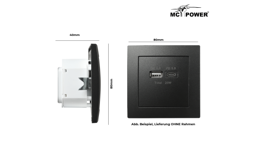 USB-Ladedose McPower ''Flair'' 2-fach, USB-C, PD 3.0 20W, matt schwarz