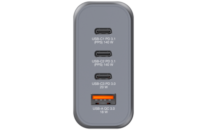 Ladeadapter Verbatim, Universal,GNC-140, GaN, 140W,grau,1x USB-A QC, 3x USB-C PD
