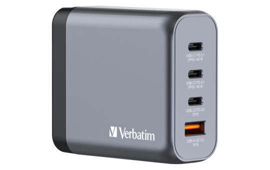 Ladeadapter Verbatim, Universal,GNC-140, GaN, 140W,grau,1x USB-A QC, 3x USB-C PD