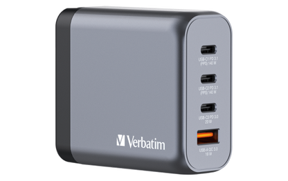 Ladeadapter Verbatim, Universal,GNC-140, GaN, 140W,grau,1x USB-A QC, 3x USB-C PD