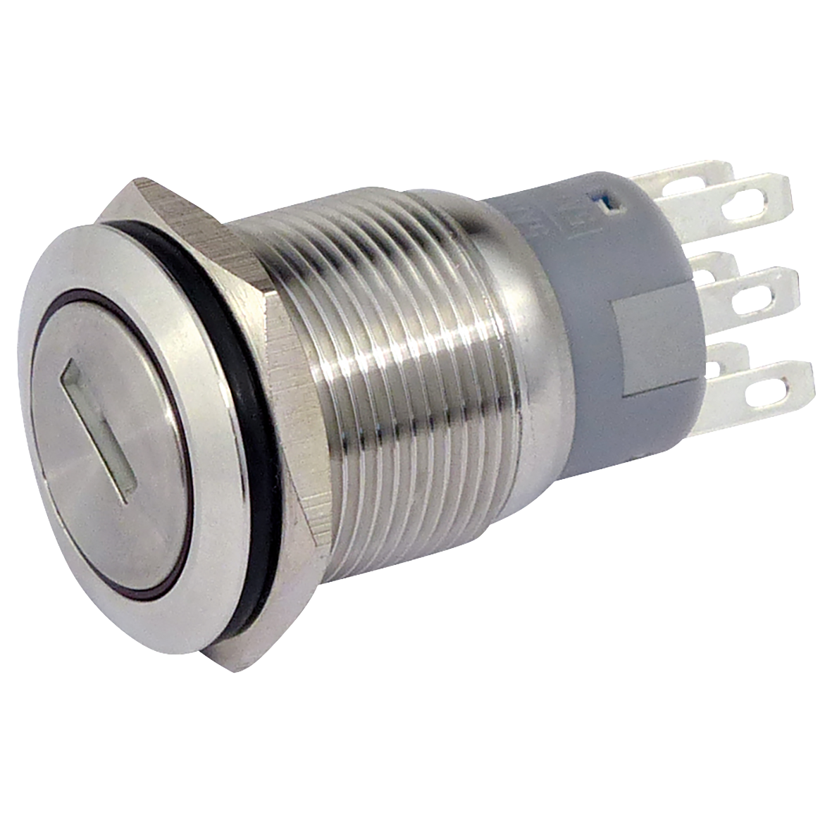 Vollmetall-Schlüsselschalter,  230V AC -3A, 19mm, 2 fach,  6 Lötanschlüsse