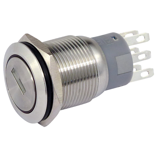 Vollmetall-Schlüsselschalter,  230V AC -3A, 19mm, 2 fach,  6 Lötanschlüsse