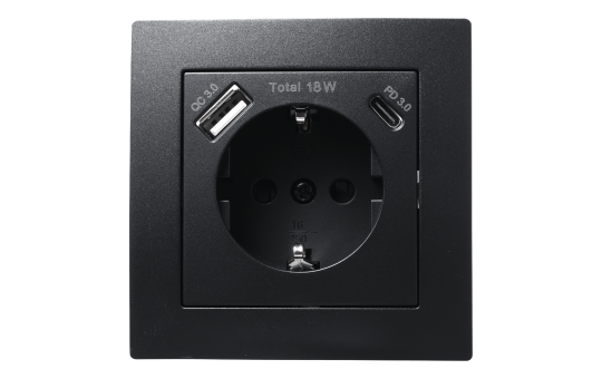 Schutzkontakt-Steckdose McPower ''Flair'' 1x USB-C 18W PD, 1x USB-A, matt schwarz