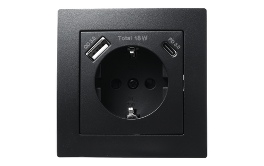 Schutzkontakt-Steckdose McPower ''Flair'' 1x USB-C 18W PD, 1x USB-A, matt schwarz
