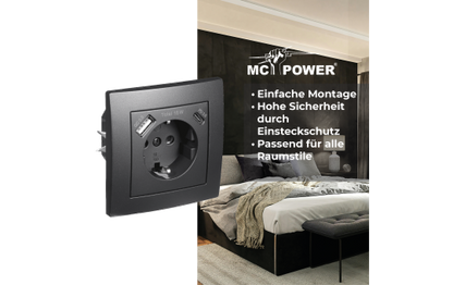 Schutzkontakt-Steckdose McPower ''Flair'' 1x USB-C 18W PD, 1x USB-A, matt schwarz