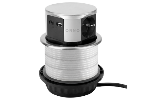 Tisch-Einbausteckdose Ø10cm, 3A, 3x Schuko, 2x USB A+C, silber, versenkbar