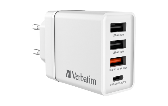 Ladeadapter Verbatim ''CHR-30EU2'', 30W, weiß, 2xUSB-A, 1xUSB-A QC, 1xUSB-C PD