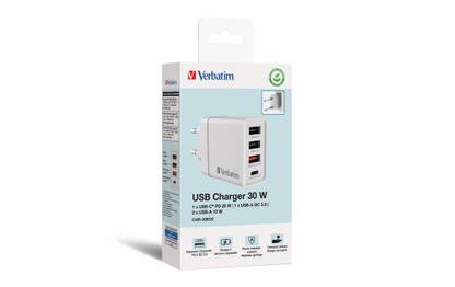 Ladeadapter Verbatim ''CHR-30EU2'', 30W, weiß, 2xUSB-A, 1xUSB-A QC, 1xUSB-C PD