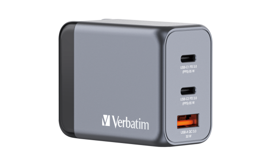 Ladeadapter Verbatim, Universal, GNC-65, GaN, 65W,grau, 1x USB-A QC, 2x USB-C PD