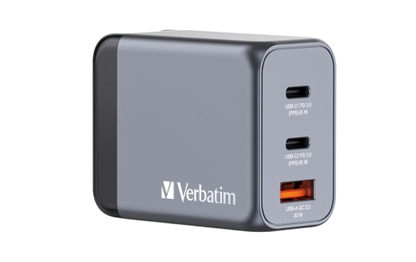Ladeadapter Verbatim, Universal, GNC-65, GaN, 65W,grau, 1x USB-A QC, 2x USB-C PD