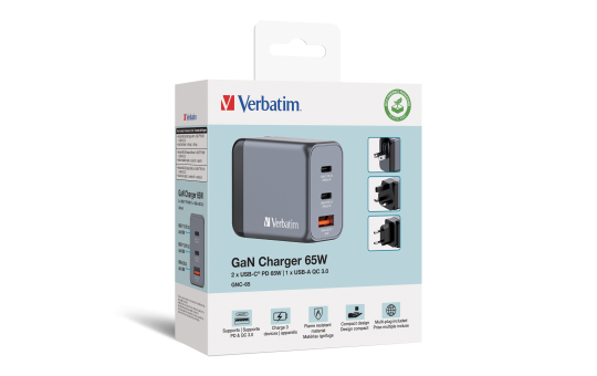 Ladeadapter Verbatim, Universal, GNC-65, GaN, 65W,grau, 1x USB-A QC, 2x USB-C PD