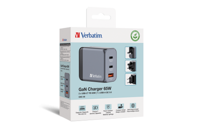 Ladeadapter Verbatim, Universal, GNC-65, GaN, 65W,grau, 1x USB-A QC, 2x USB-C PD