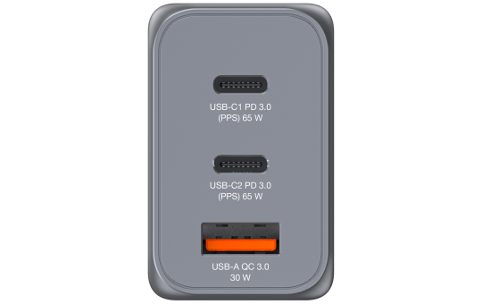 Ladeadapter Verbatim, Universal, GNC-65, GaN, 65W,grau, 1x USB-A QC, 2x USB-C PD