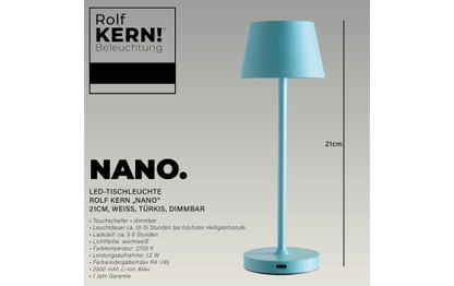 LED-Tischleuchte ROLF KERN „Club Nano“ 21cm, Türkis, Akku, dimmbar