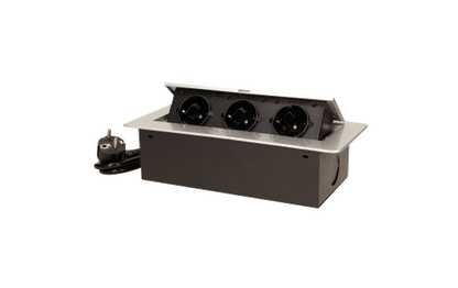 Tisch-Einbausteckdose, 3fach, silber-schwarz, 2500W, 1,5m Anschlusskabel