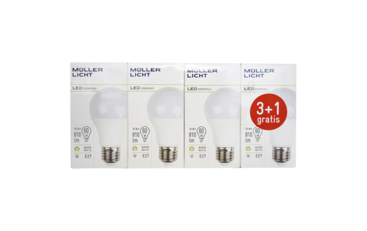 LED Glühlampe, E27, 10W, 810lm, 2700K, warmweiß, 3+1 Set