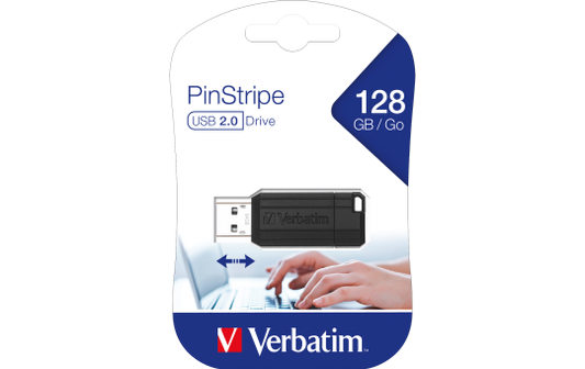USB 2.0 Stick Verbatim, 128GB Speicher, PinStripe, Schiebemechanismus