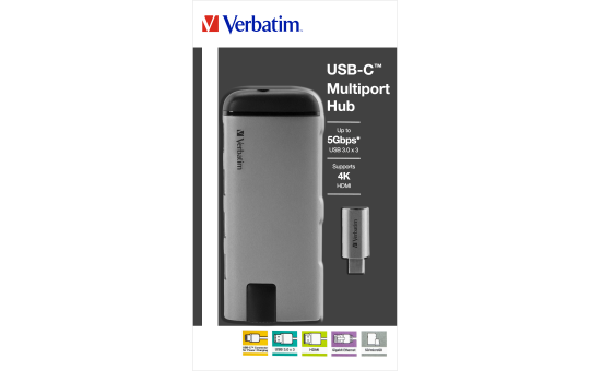 USB-C Multiport-Hub von Verbatim, USB 3.0, HDMI, SD, Ethernet, 15cm Kabel