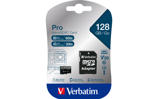 Micro SDXC Card Verbatim ''PRO'' 128GB, U3, inkl. SD-Adapter