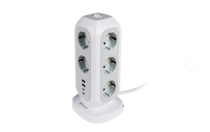 Steckdosen-Tower EUPT-01 Verbatim, 2m Kabel, weiß,11x230V EU, USB-A, 2x USB-C
