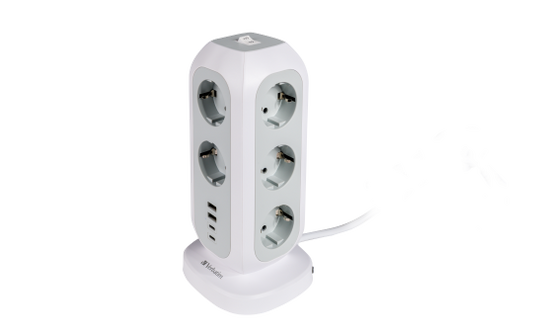 Steckdosen-Tower EUPT-01 Verbatim, 2m Kabel, weiß,11x230V EU, USB-A, 2x USB-C