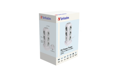 Steckdosen-Tower EUPT-01 Verbatim, 2m Kabel, weiß,11x230V EU, USB-A, 2x USB-C