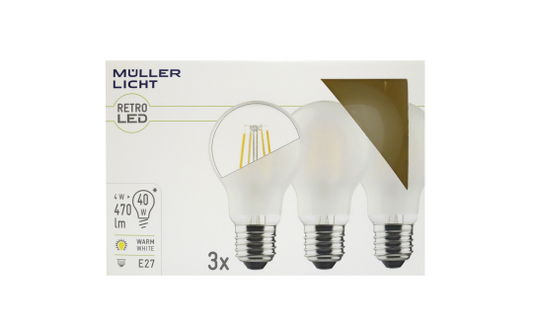 LED Filament Glühlampe, E27, 4W, 470lm, 2700K, warmweiß, matt, 3er Set