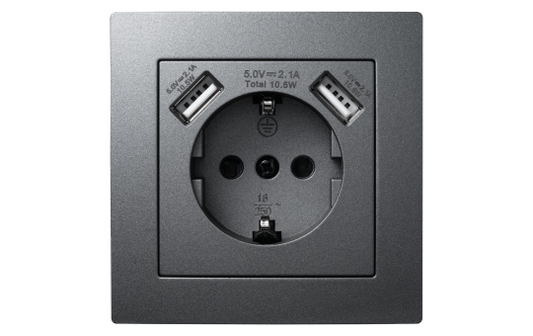Schutzkontakt-Steckdose mit 2x USB McPower ''Flair'', 250V, 5V/2,1A, UP, anthrazit