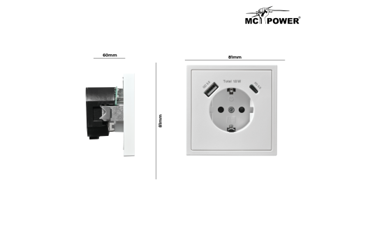 Schutzkontakt-Steckdose McPower ''Shallow'' 1x USB-C - 18W Quickcharge - 1x USB-A