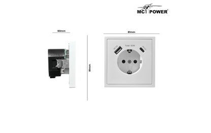 Schutzkontakt-Steckdose McPower ''Shallow'' 1x USB-C - 18W Quickcharge - 1x USB-A