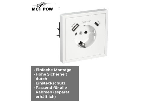 Schutzkontakt-Steckdose McPower ''Shallow'' 1x USB-C - 18W Quickcharge - 1x USB-A