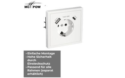 Schutzkontakt-Steckdose McPower ''Shallow'' 1x USB-C - 18W Quickcharge - 1x USB-A