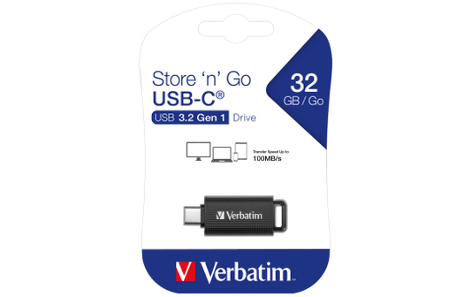 USB-C 3.2 Stick Verbatim, 32GB Speicher, Store 'n' Go, Typ C, Schiebemechanismus