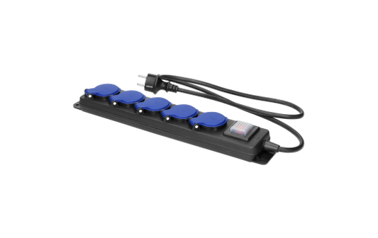 Netzkabel Schutzkontakt-Verlängerung, 5-fach, 5m, 3x1,5mm²,  IP44, schwarz,