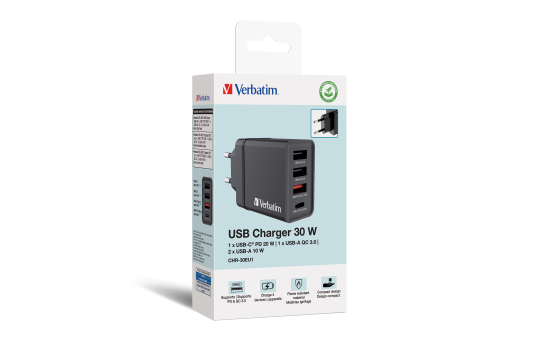 Ladeadapter Verbatim ''CHR-30EU1'', 30W, schwarz, 2xUSB-A, 1xUSB-A QC, 1xUSB-C PD