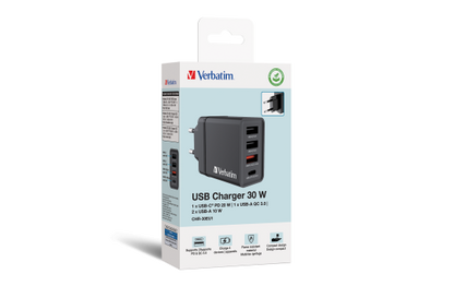 Ladeadapter Verbatim ''CHR-30EU1'', 30W, schwarz, 2xUSB-A, 1xUSB-A QC, 1xUSB-C PD