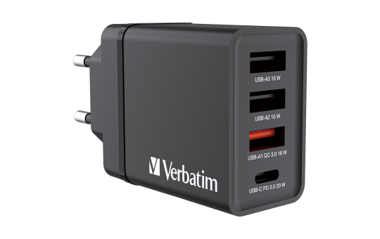 Ladeadapter Verbatim ''CHR-30EU1'', 30W, schwarz, 2xUSB-A, 1xUSB-A QC, 1xUSB-C PD