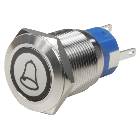 Vollmetalltaster mit Klingelsymbol, LED Beleuchtung weiss, 12V, 19mm