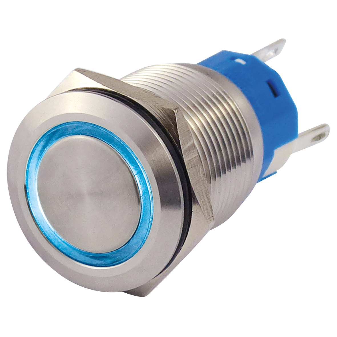 Vollmetalltaster mit Ringbeleuchtung, blau, 19mm-Ø, 250V, 5A, Lötanschluss
