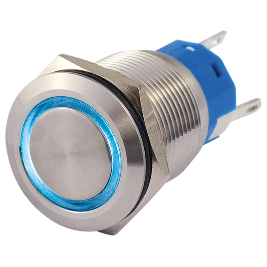 Vollmetalltaster mit Ringbeleuchtung, blau, 19mm-Ø, 250V, 5A, Lötanschluss