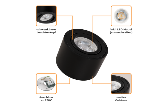 LED-Aufbauleuchte McShine, 5W, 400Lumen, 3000K, ØxH 80x50mm, schwarz, 10er-Pack