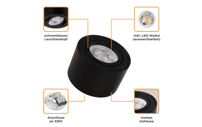 LED-Aufbauleuchte McShine, 5W, 400Lumen, 3000K, ØxH 80x50mm, schwarz, 10er-Pack