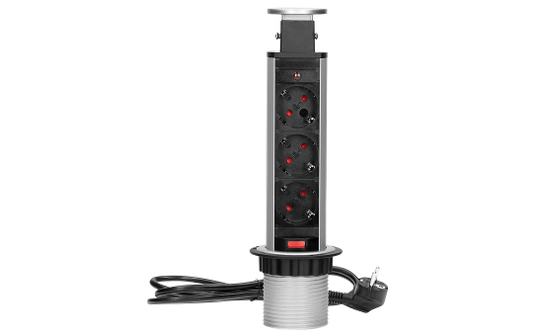 Tisch-Einbausteckdose,Turm Ø 6cm  3 fach, silber, 3600W
