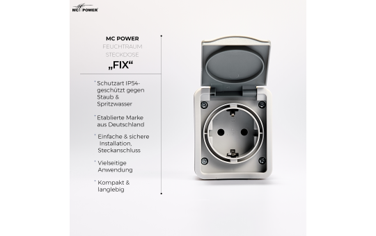 Feuchtraum Steckdose McPower ''Fix'', Steckanschluss, 250V~/16A, IP54, AP