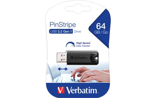 USB 3.2 Stick Verbatim, 64GB Speicher, PinStripe, Typ-A, Schiebemechanismus
