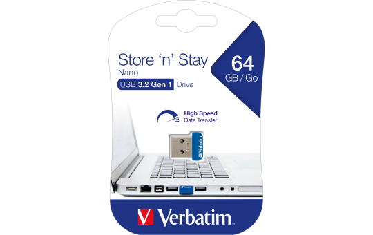 Nano USB-Stick ''Store n' Stay'' Verbatim, 64GB Speicher, Typ-A, extraflach, blau