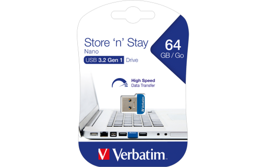 Nano USB-Stick ''Store n' Stay'' Verbatim, 64GB Speicher, Typ-A, extraflach, blau